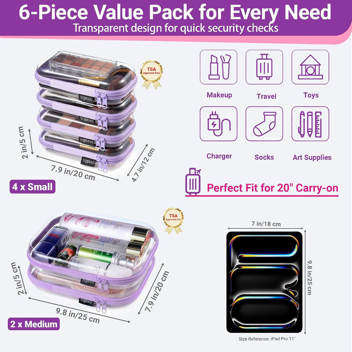 Clear Hard Shell Zipper Cases, 4 Medium Makeup Organizers, White