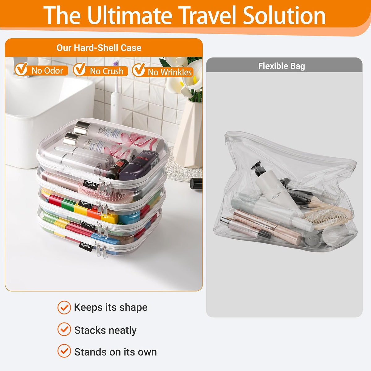 Clear Hard Shell Zipper Cases, 4 Medium Makeup Organizers, White