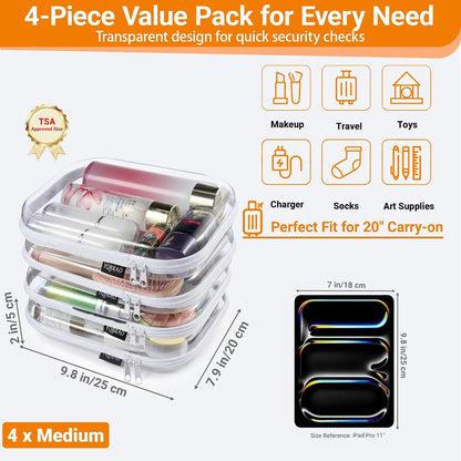 Clear Hard Shell Zipper Cases, 4 Medium Makeup Organizers, White