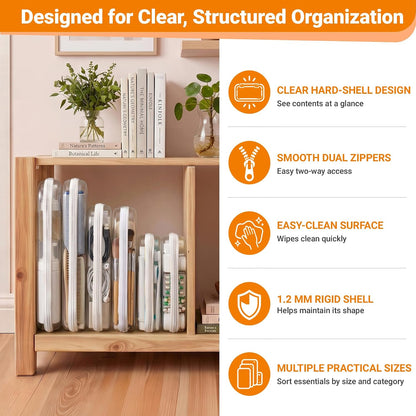 Clear Hard Shell Zipper Cases, 4 Medium Makeup Organizers, White