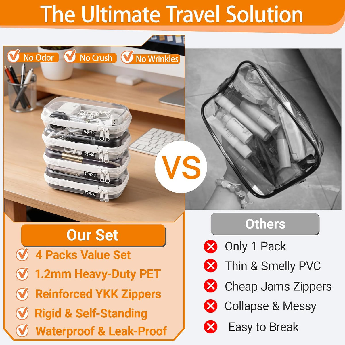 Clear Hard Shell Zipper Cases, 4 Medium Makeup Organizers, White