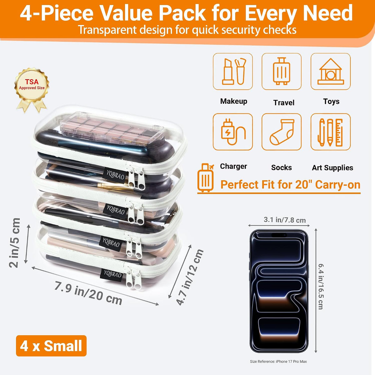 Clear Hard Shell Zipper Cases, 4 Medium Makeup Organizers, White