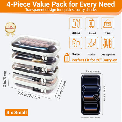 Clear Hard Shell Zipper Cases, 4 Medium Makeup Organizers, White