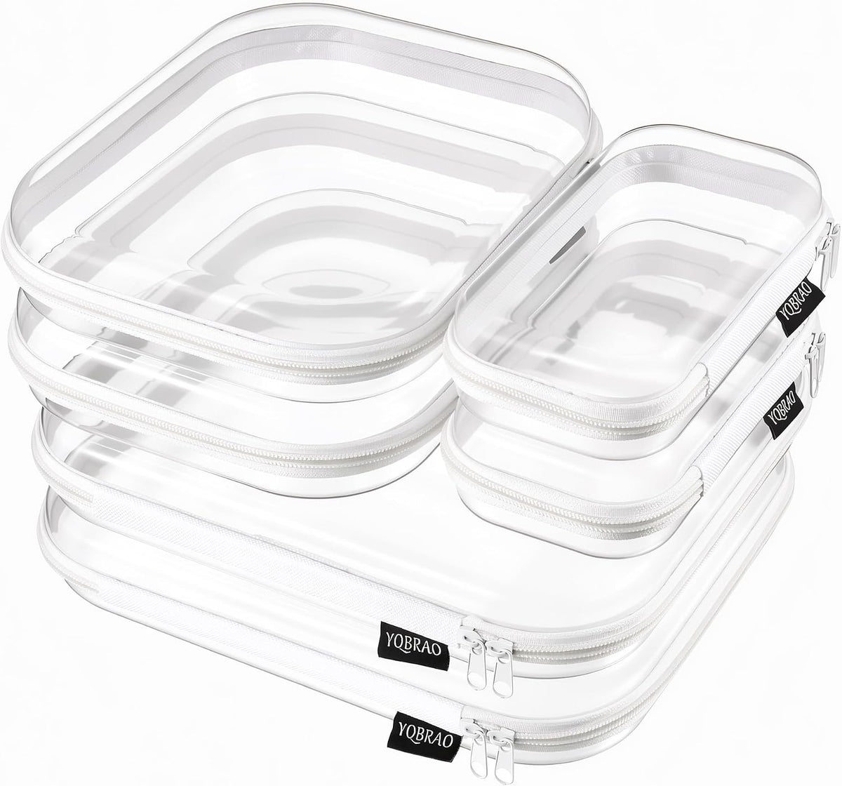 Clear Hard Shell Zipper Cases, 4 Medium Makeup Organizers, White