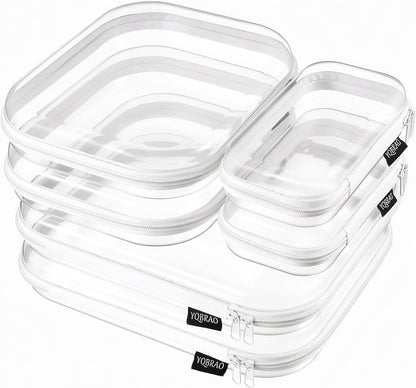Clear Hard Shell Zipper Cases, 4 Medium Makeup Organizers, White
