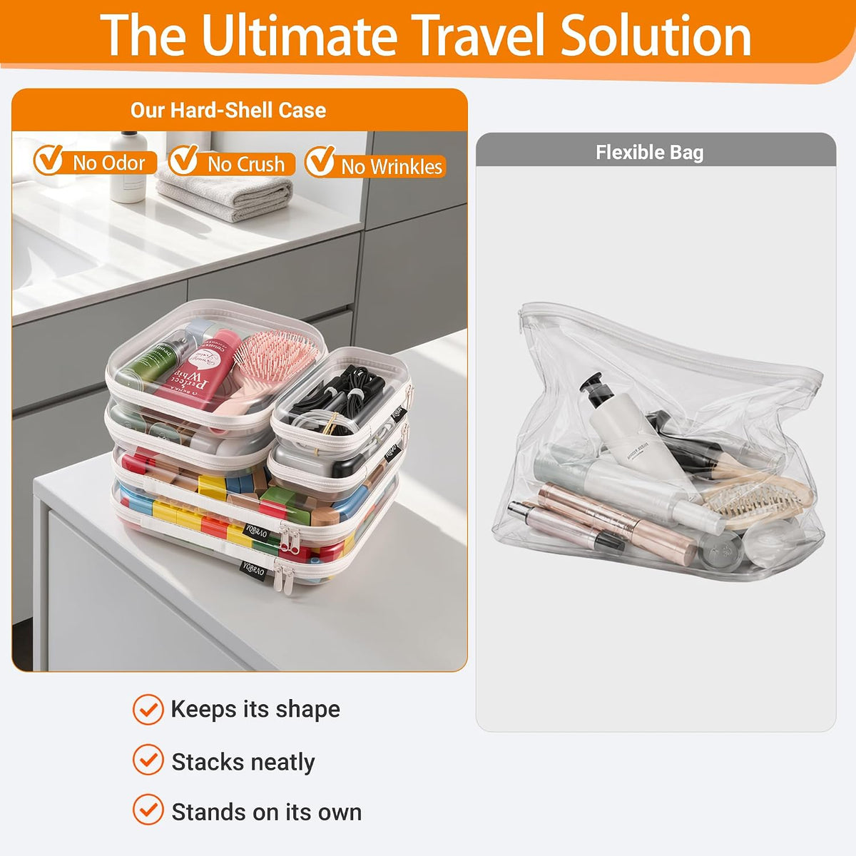 Clear Hard Shell Zipper Cases, 4 Medium Makeup Organizers, White