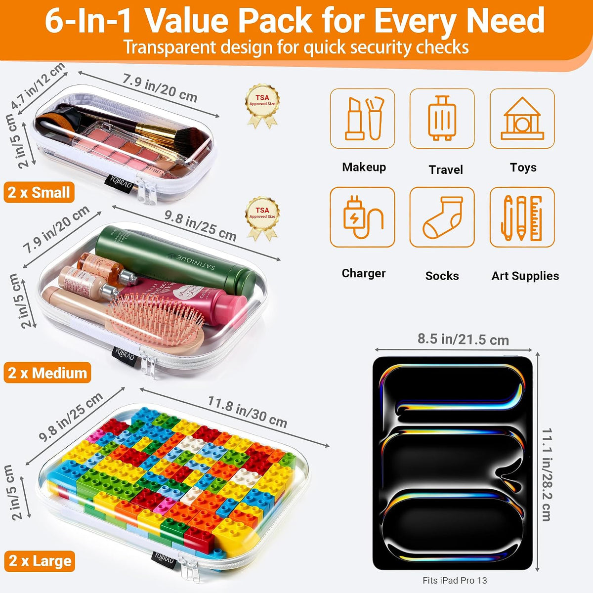 Clear Hard Shell Zipper Cases, 4 Medium Makeup Organizers, White