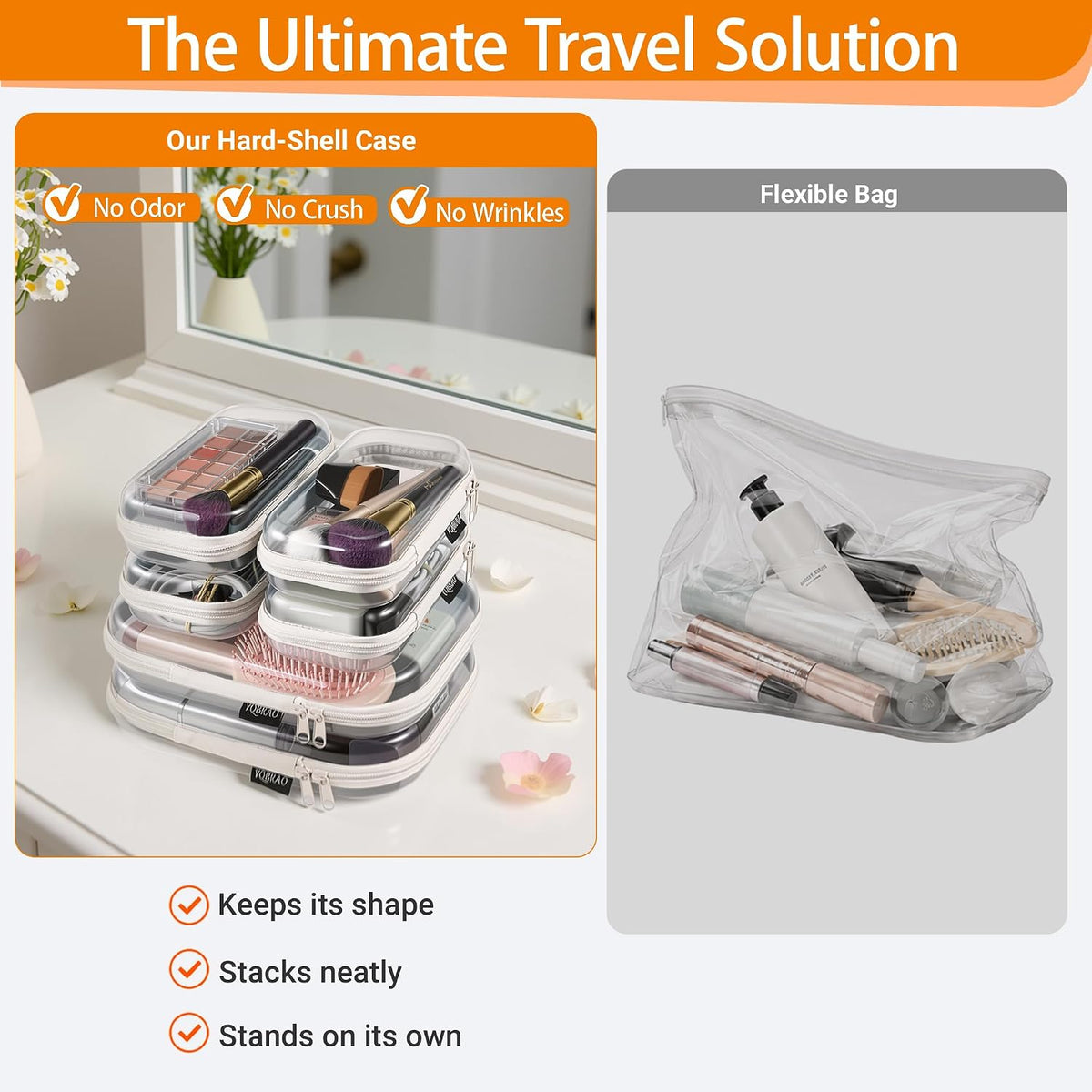 Clear Hard Shell Zipper Cases, 4 Medium Makeup Organizers, White