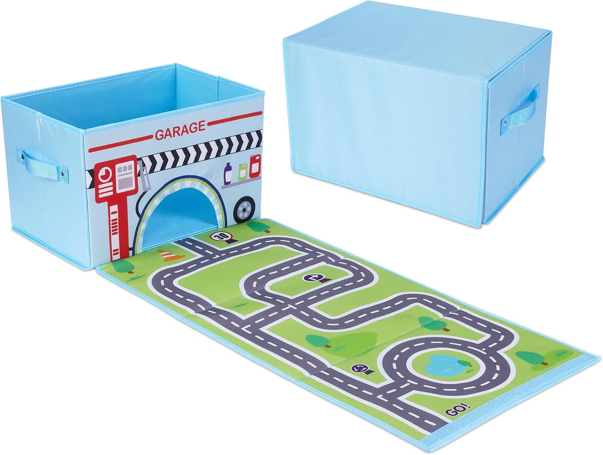 Toy Cars Garage Box – Toy Storage Box with Car Rug Play Mat, Collapsible Storage Organizer for Boys and Girls (GoPlaces)