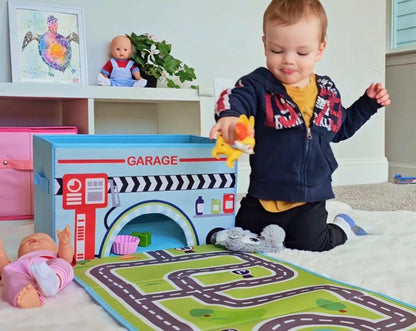 Toy Cars Garage Box – Toy Storage Box with Car Rug Play Mat, Collapsible Storage Organizer for Boys and Girls (GoPlaces)