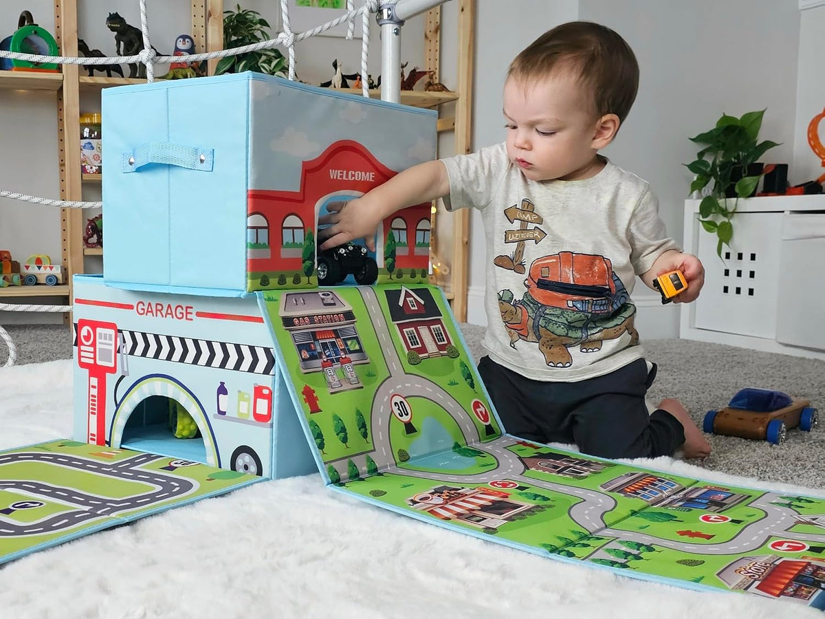 Toy Cars Garage Box – Toy Storage Box with Car Rug Play Mat, Collapsible Storage Organizer for Boys and Girls (GoPlaces)