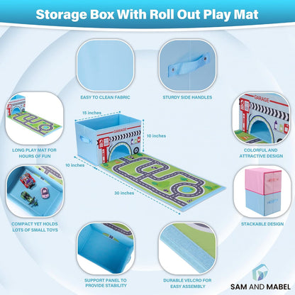 Toy Cars Garage Box – Toy Storage Box with Car Rug Play Mat, Collapsible Storage Organizer for Boys and Girls (GoPlaces)