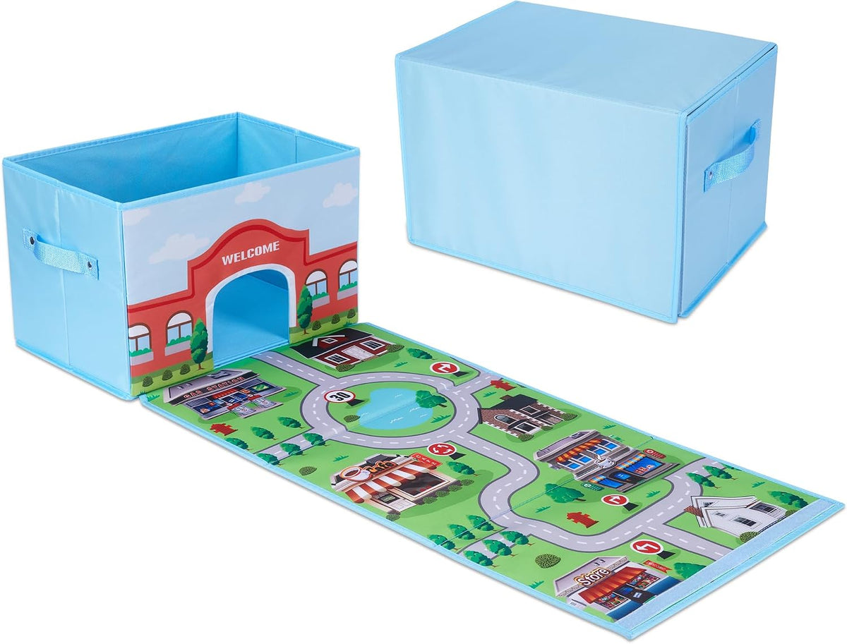 Toy Cars Garage Box – Toy Storage Box with Car Rug Play Mat, Collapsible Storage Organizer for Boys and Girls (GoPlaces)