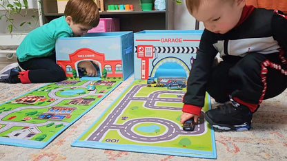 Toy Cars Garage Box – Toy Storage Box with Car Rug Play Mat, Collapsible Storage Organizer for Boys and Girls (GoPlaces)