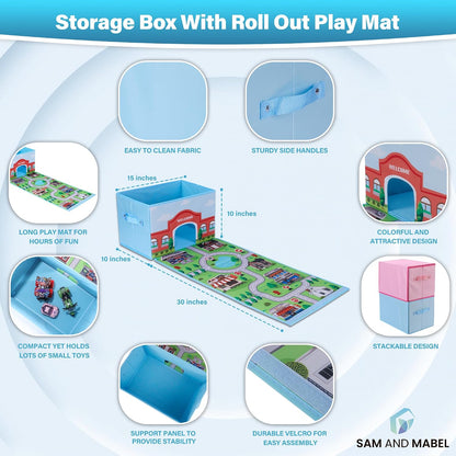 Toy Cars Garage Box – Toy Storage Box with Car Rug Play Mat, Collapsible Storage Organizer for Boys and Girls (GoPlaces)