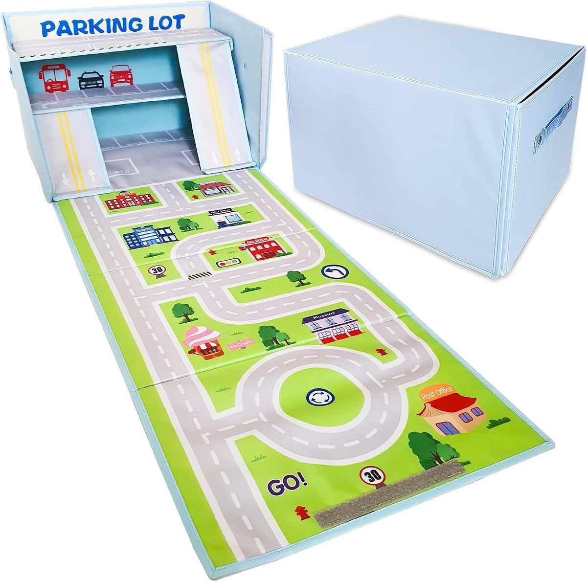 Toy Cars Garage Box – Toy Storage Box with Car Rug Play Mat, Collapsible Storage Organizer for Boys and Girls (GoPlaces)