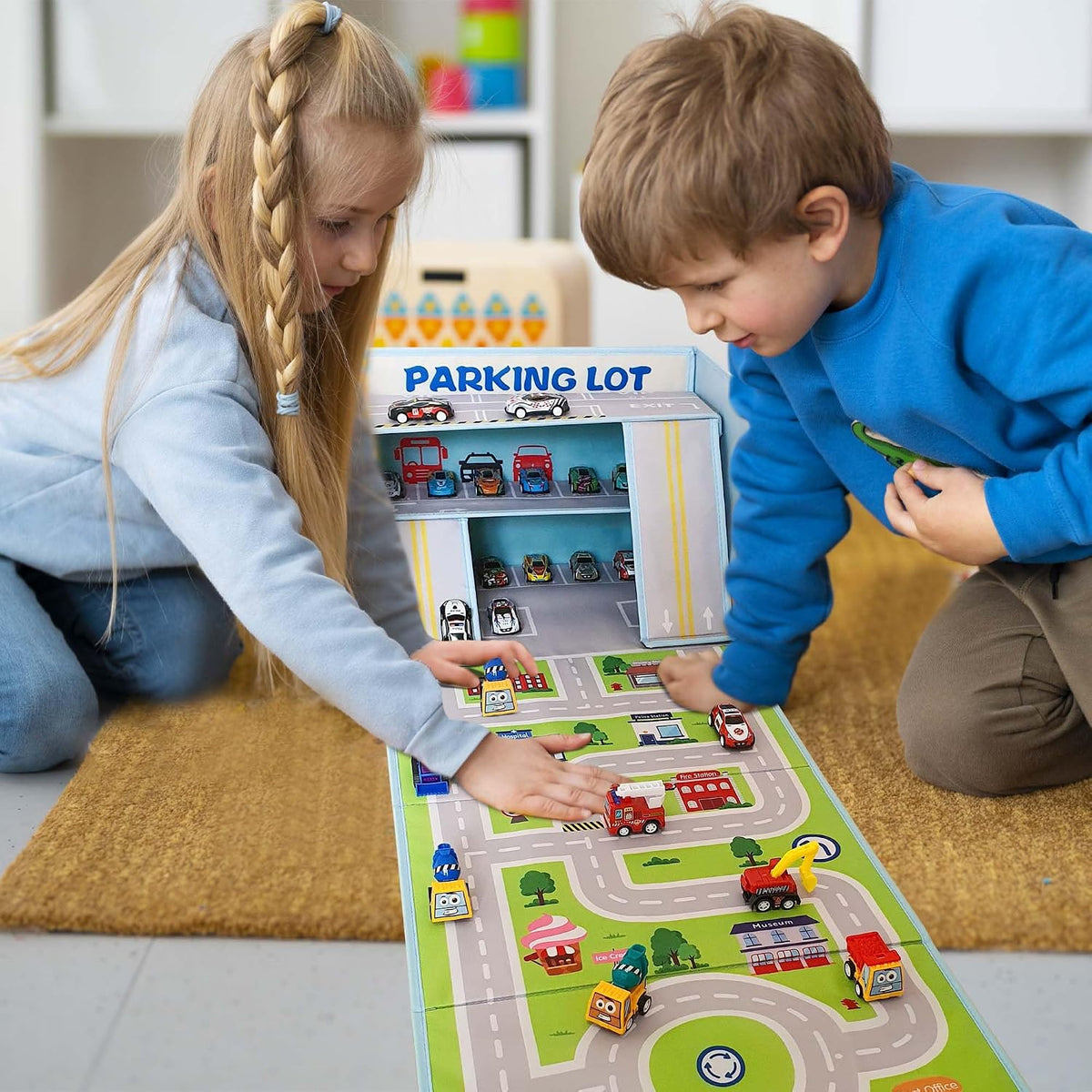 Toy Cars Garage Box – Toy Storage Box with Car Rug Play Mat, Collapsible Storage Organizer for Boys and Girls (GoPlaces)
