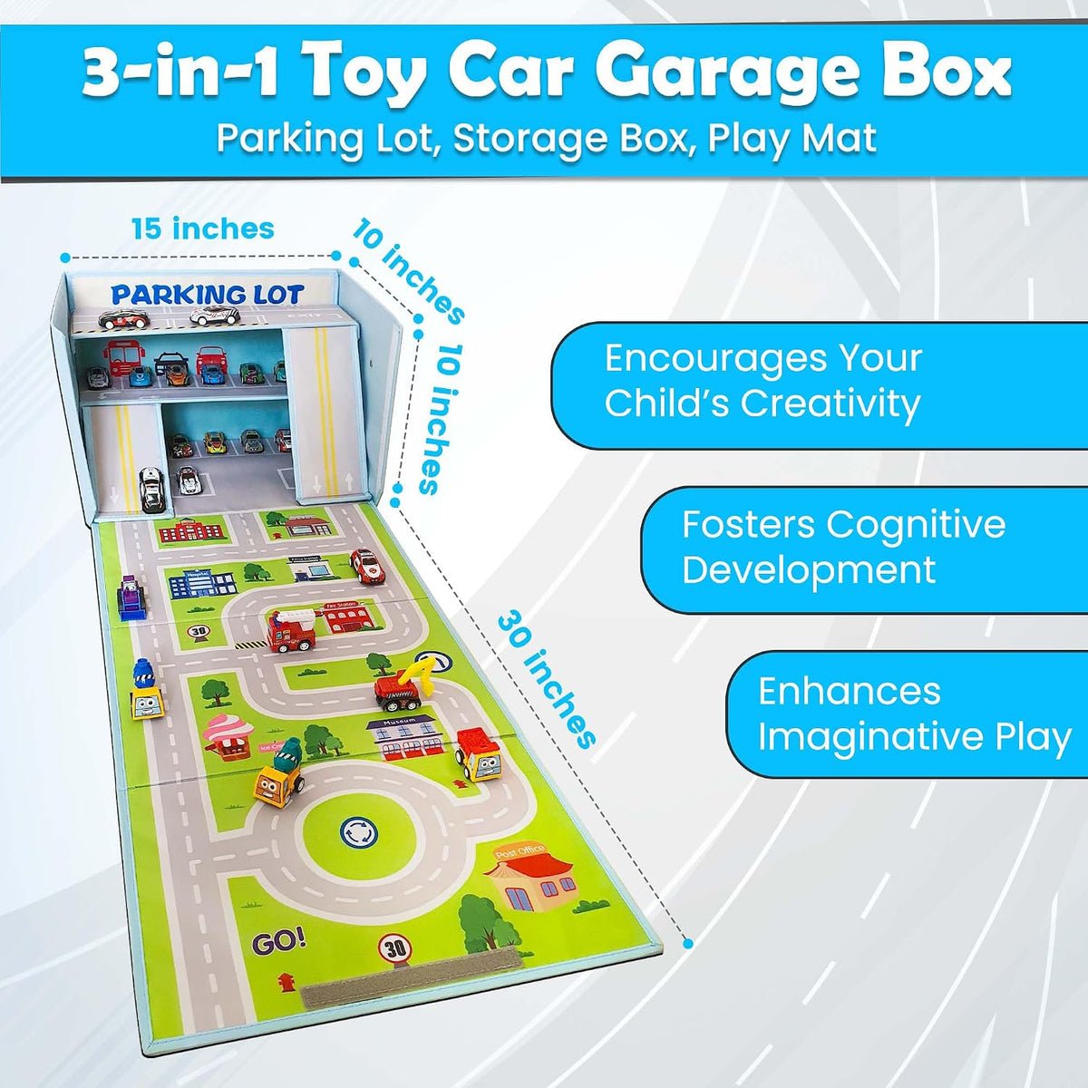 Toy Cars Garage Box – Toy Storage Box with Car Rug Play Mat, Collapsible Storage Organizer for Boys and Girls (GoPlaces)