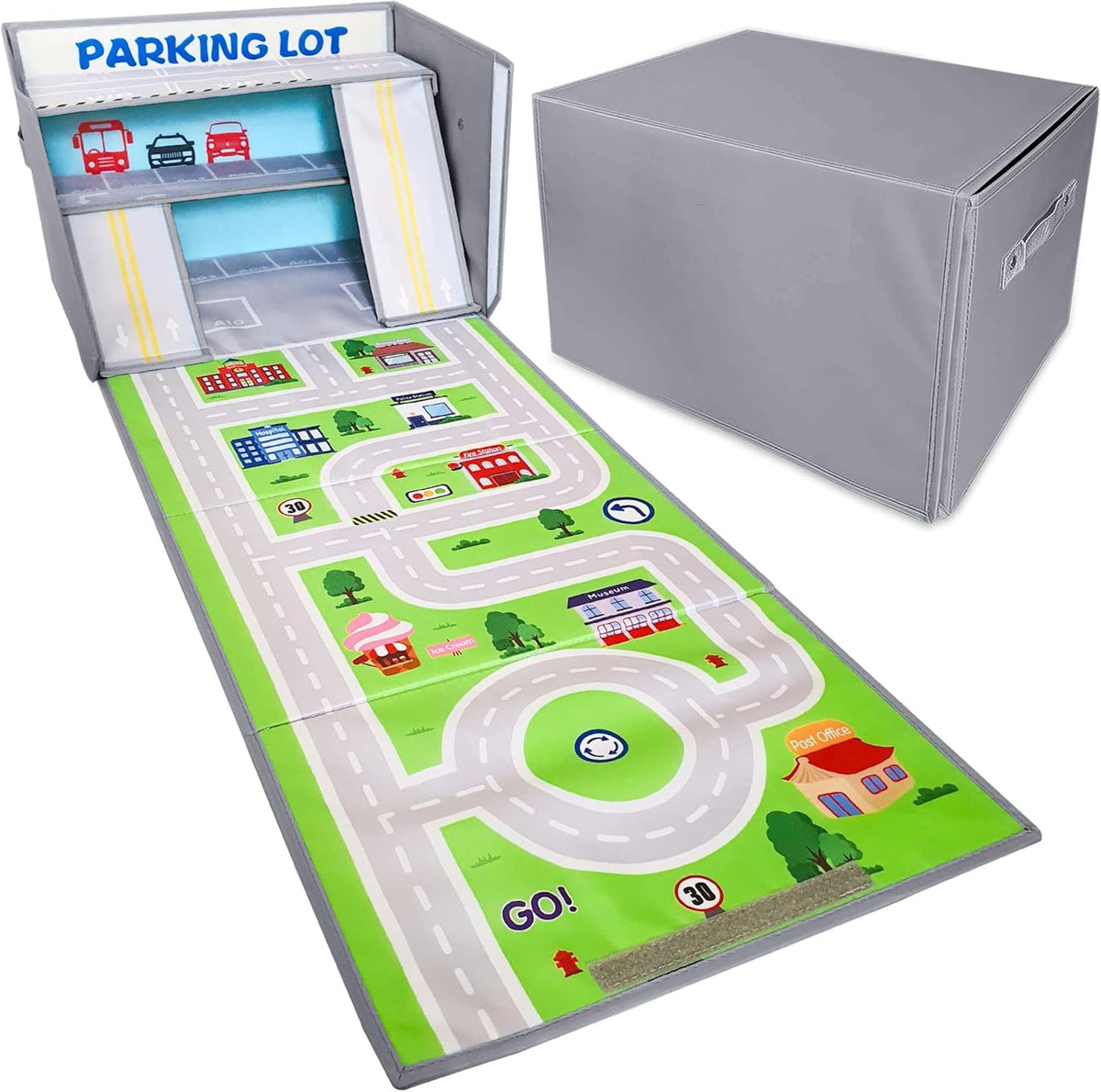 Toy Cars Garage Box – Toy Storage Box with Car Rug Play Mat, Collapsible Storage Organizer for Boys and Girls (GoPlaces)
