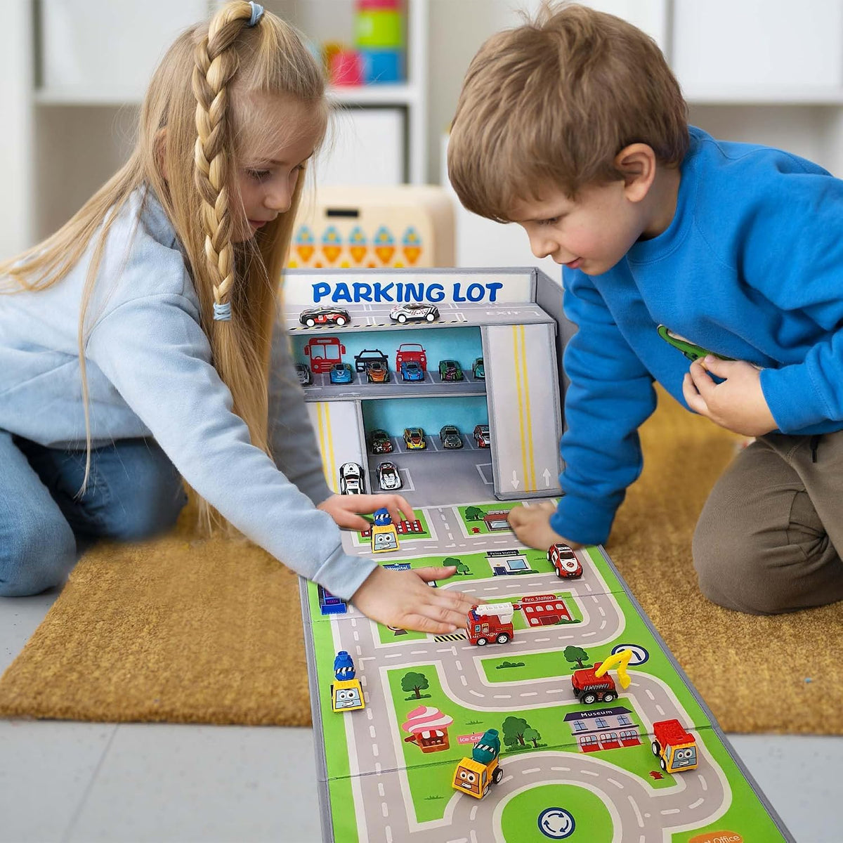 Toy Cars Garage Box – Toy Storage Box with Car Rug Play Mat, Collapsible Storage Organizer for Boys and Girls (GoPlaces)
