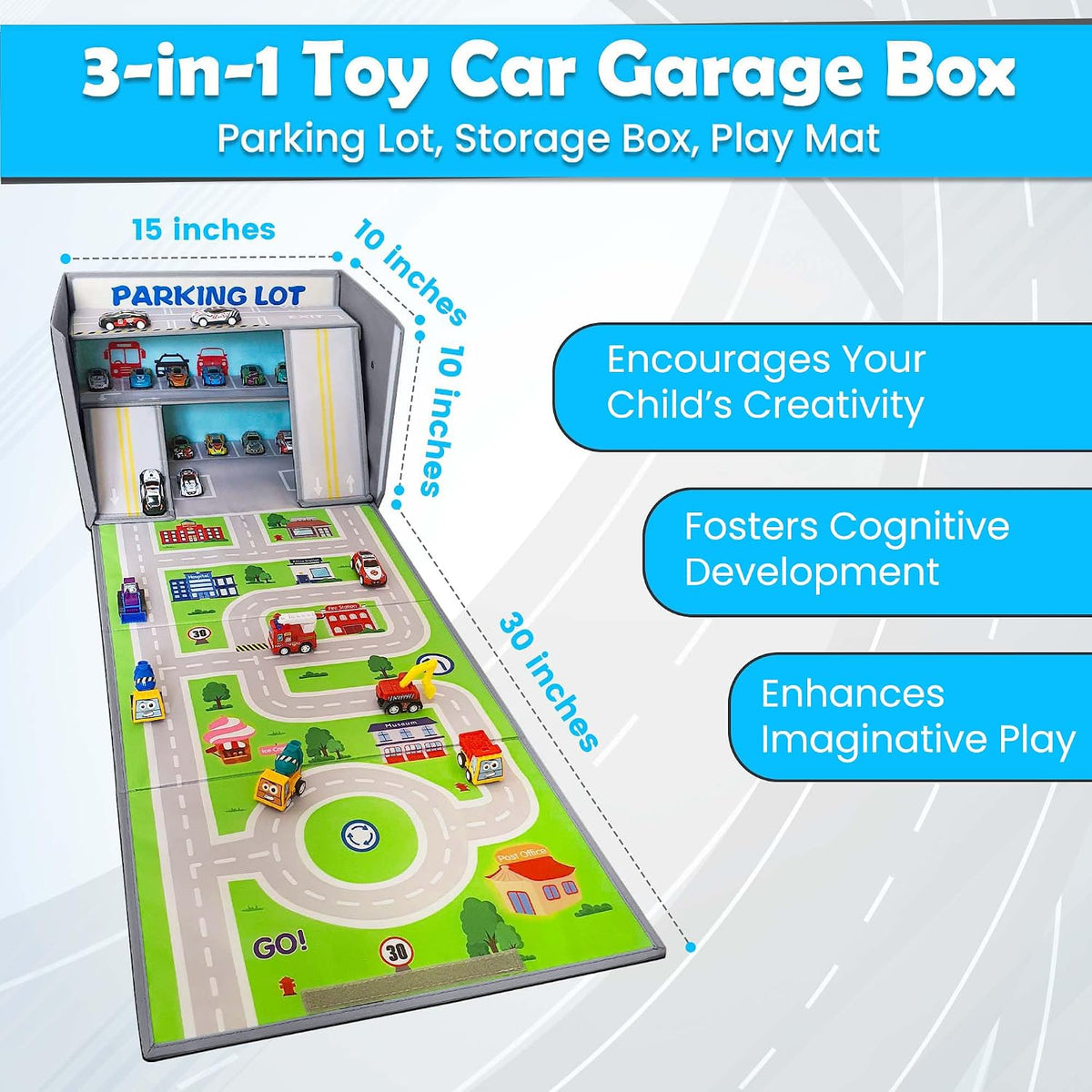 Toy Cars Garage Box – Toy Storage Box with Car Rug Play Mat, Collapsible Storage Organizer for Boys and Girls (GoPlaces)