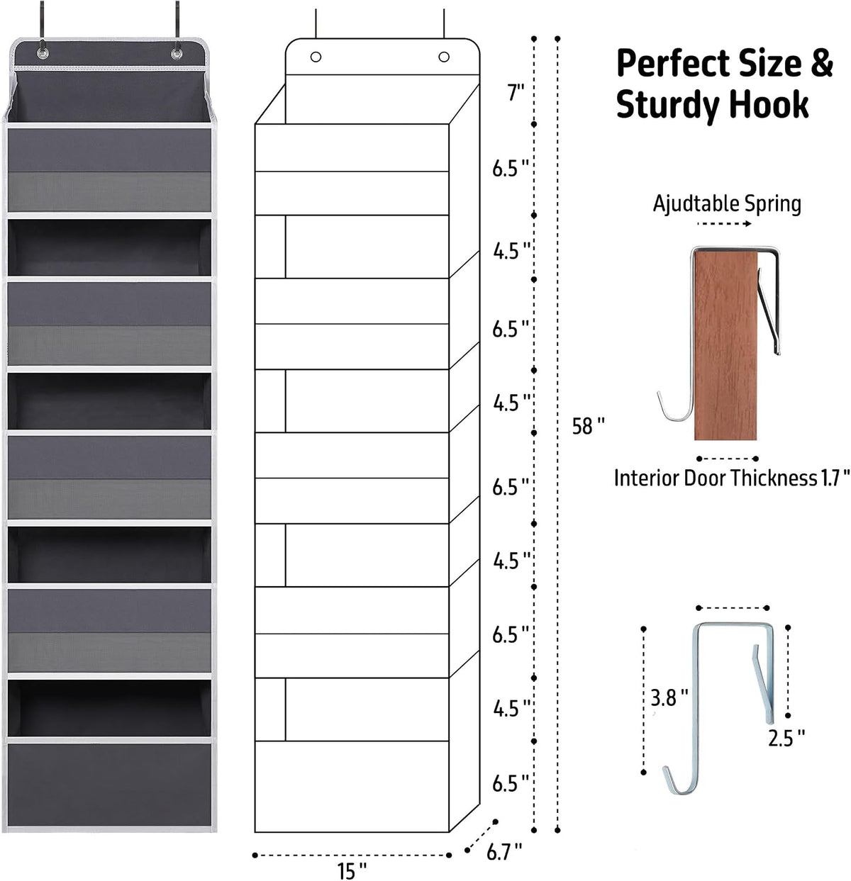 White Over Door Organizer with 5 Large Clear Pockets and 6 Side Mesh Pockets, Anti-Tilt Hanging Door Storage for Nursery, Bathroom, Closet, Bedroom, Dorm, Toys