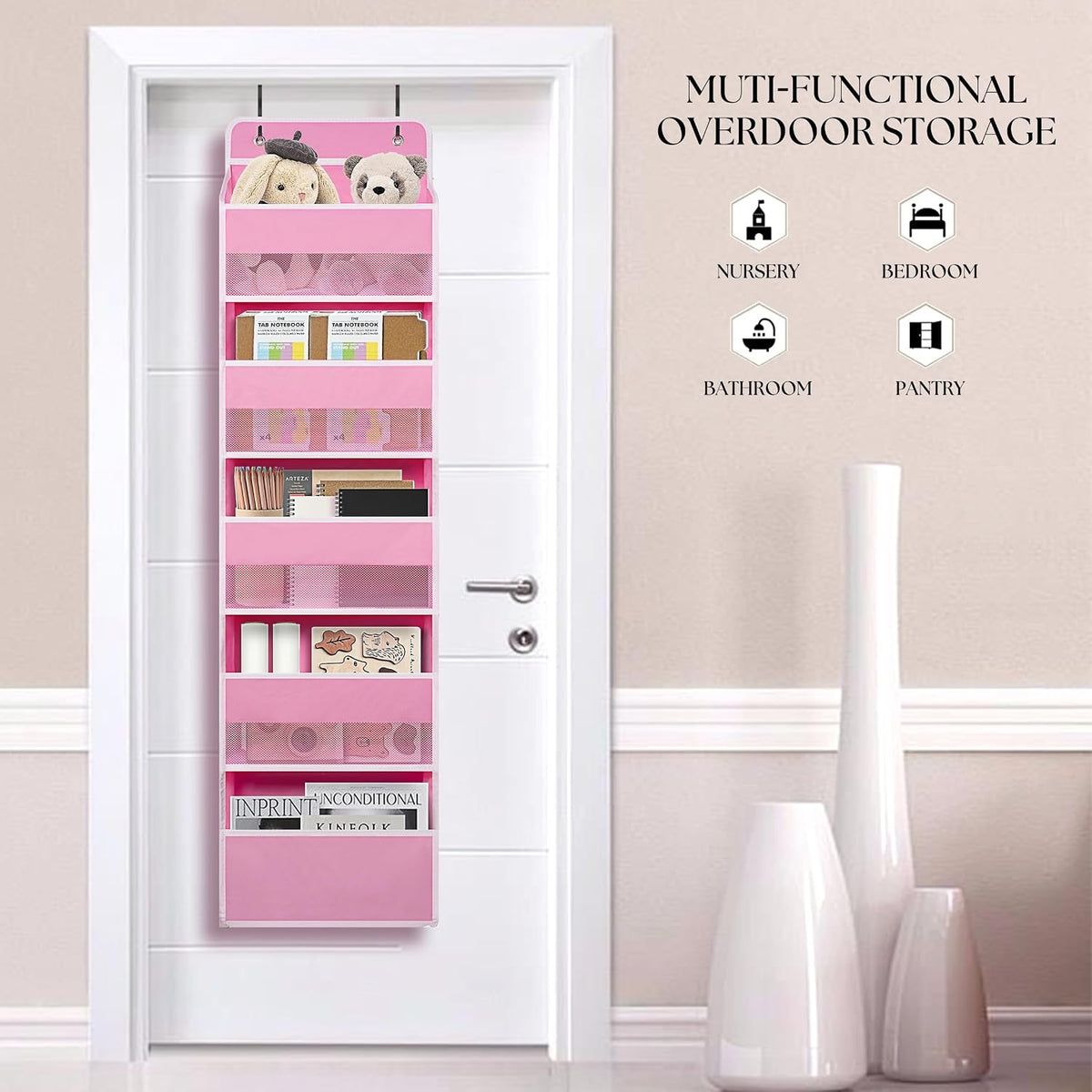 White Over Door Organizer with 5 Large Clear Pockets and 6 Side Mesh Pockets, Anti-Tilt Hanging Door Storage for Nursery, Bathroom, Closet, Bedroom, Dorm, Toys