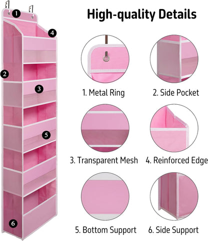 White Over Door Organizer with 5 Large Clear Pockets and 6 Side Mesh Pockets, Anti-Tilt Hanging Door Storage for Nursery, Bathroom, Closet, Bedroom, Dorm, Toys