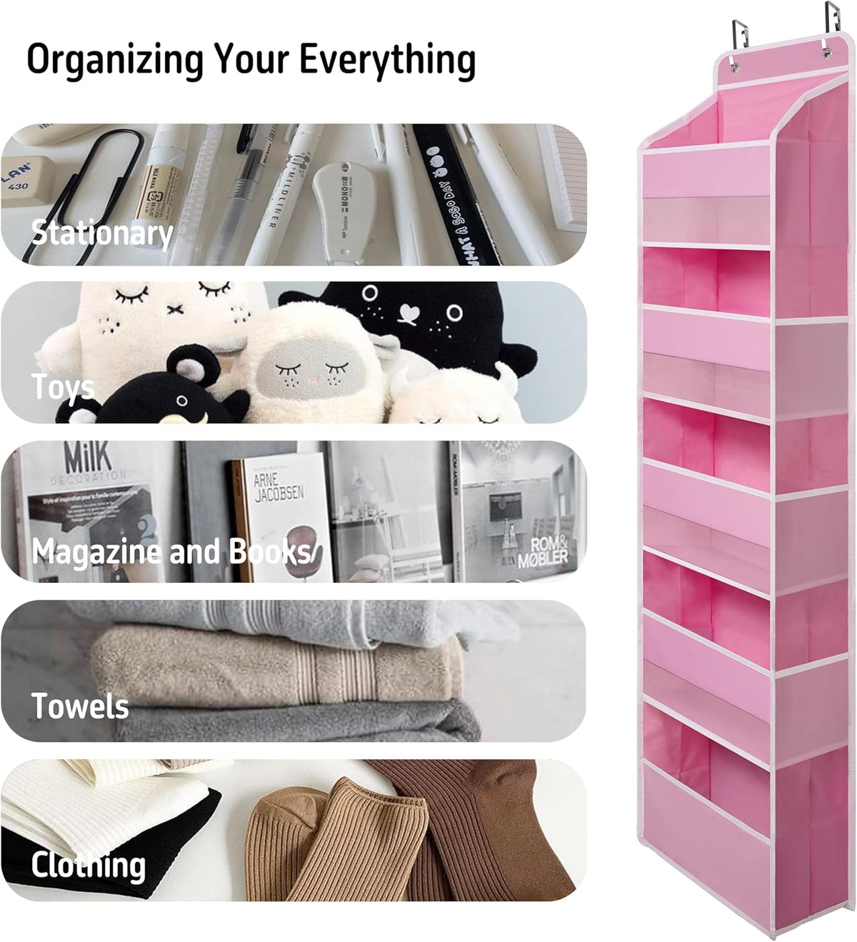 White Over Door Organizer with 5 Large Clear Pockets and 6 Side Mesh Pockets, Anti-Tilt Hanging Door Storage for Nursery, Bathroom, Closet, Bedroom, Dorm, Toys