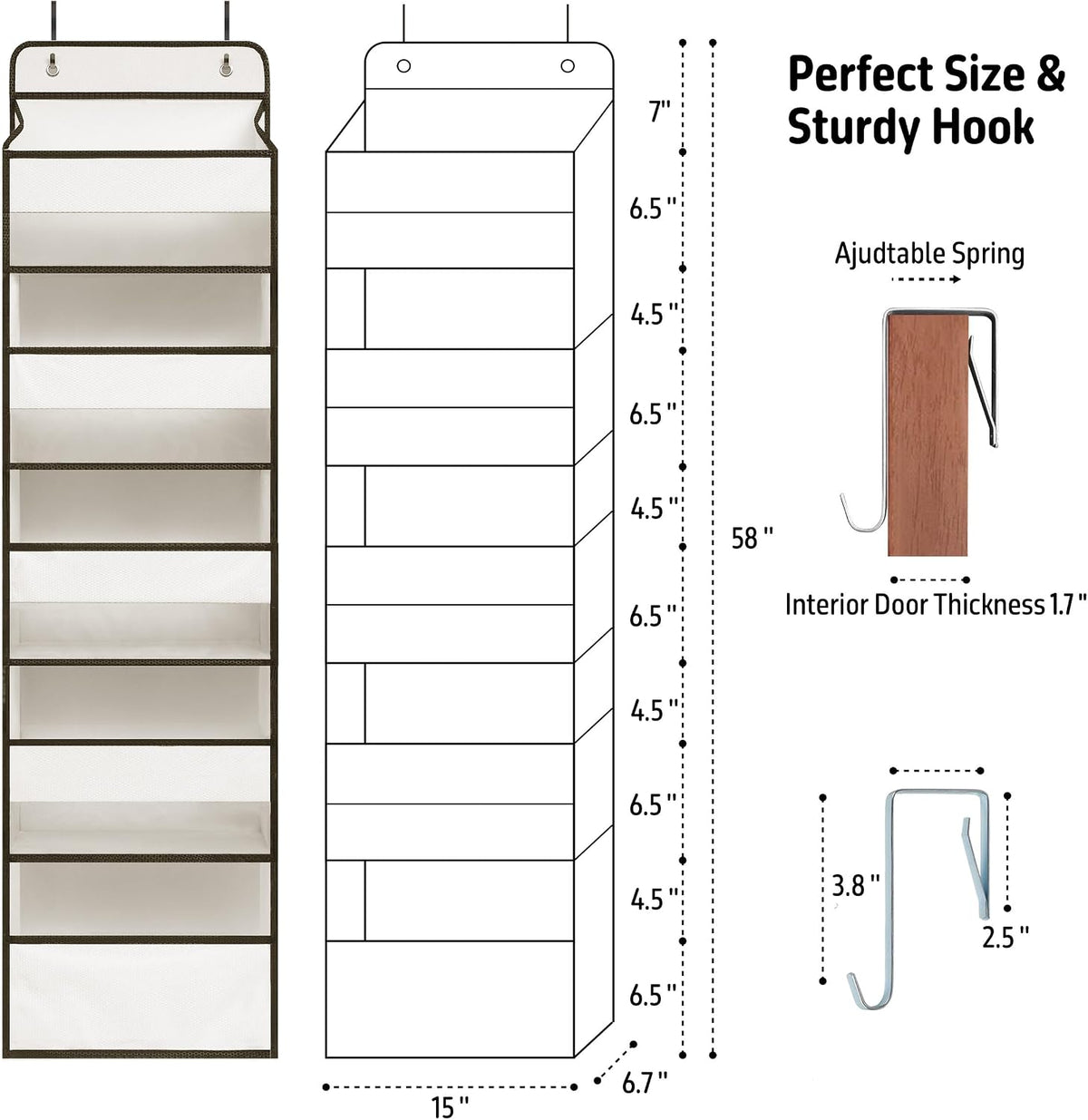 White Over Door Organizer with 5 Large Clear Pockets and 6 Side Mesh Pockets, Anti-Tilt Hanging Door Storage for Nursery, Bathroom, Closet, Bedroom, Dorm, Toys
