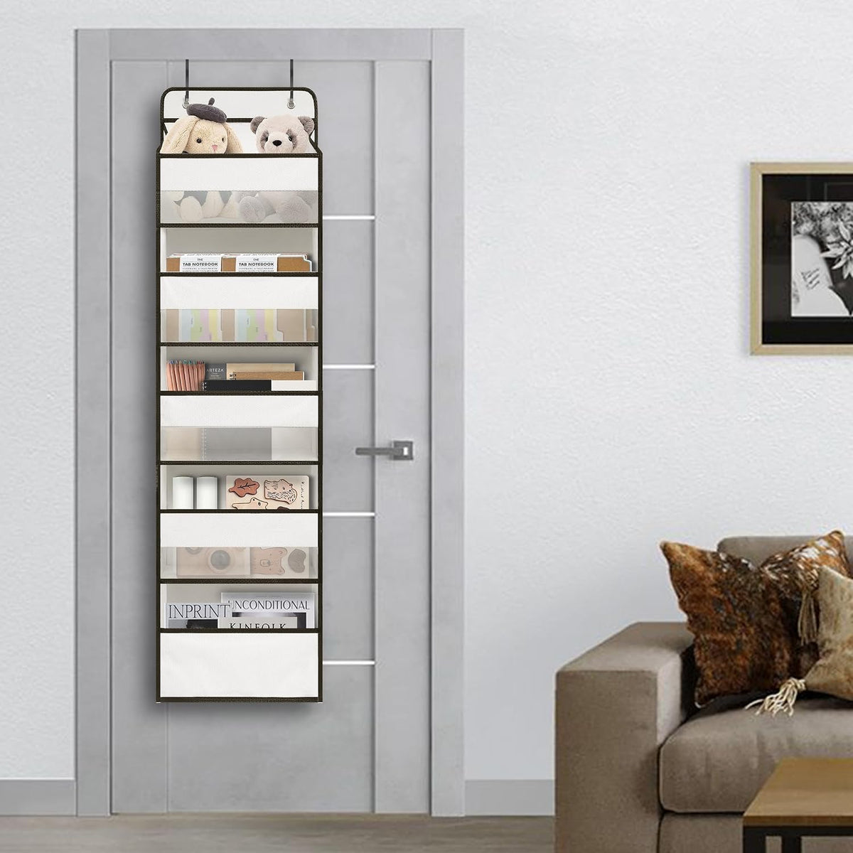 White Over Door Organizer with 5 Large Clear Pockets and 6 Side Mesh Pockets, Anti-Tilt Hanging Door Storage for Nursery, Bathroom, Closet, Bedroom, Dorm, Toys