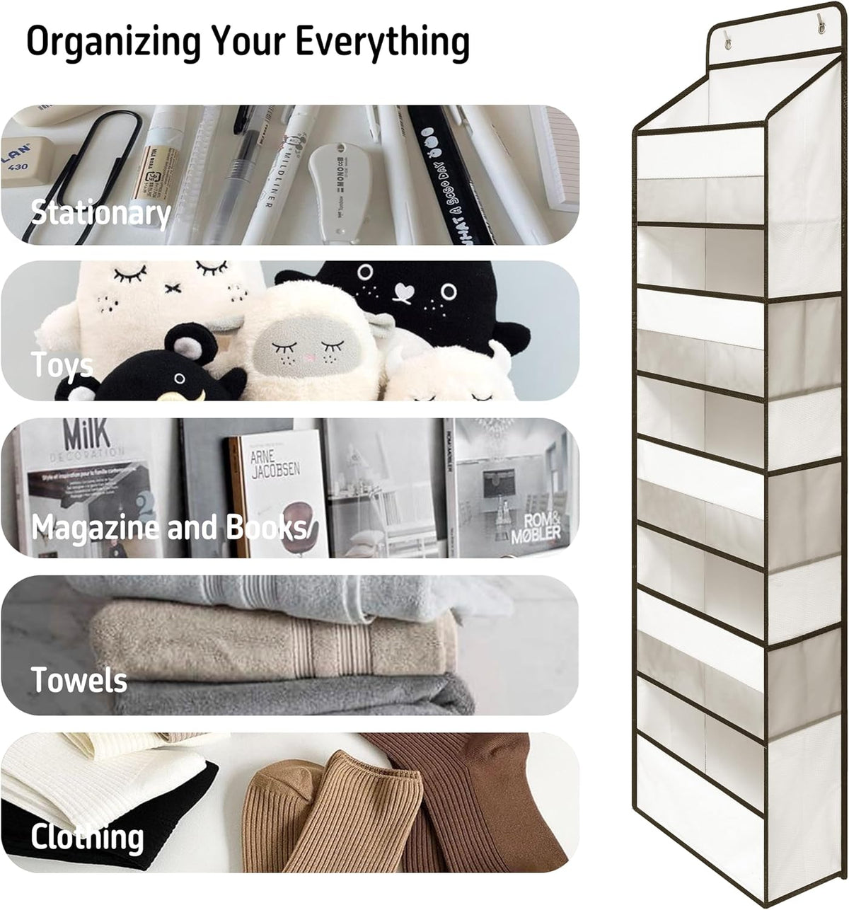 White Over Door Organizer with 5 Large Clear Pockets and 6 Side Mesh Pockets, Anti-Tilt Hanging Door Storage for Nursery, Bathroom, Closet, Bedroom, Dorm, Toys