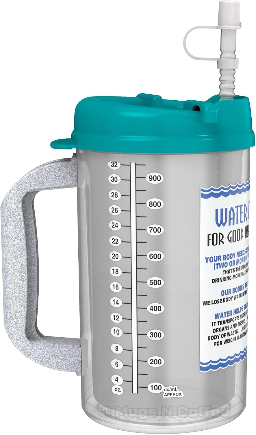 32 oz Travel Mug – Teal Water is Essential Hospital Mug – Double Wall Insulated, Large Handle – BPA-Free, Leak-Resistant – Includes Lid and Straw – Made in USA