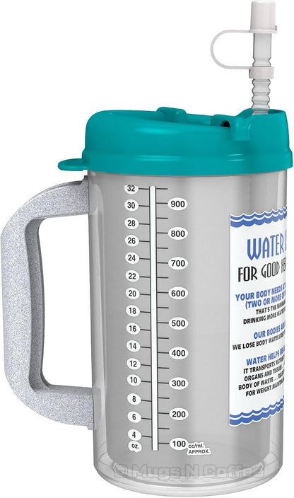 32 oz Travel Mug – Teal Water is Essential Hospital Mug – Double Wall Insulated, Large Handle – BPA-Free, Leak-Resistant – Includes Lid and Straw – Made in USA