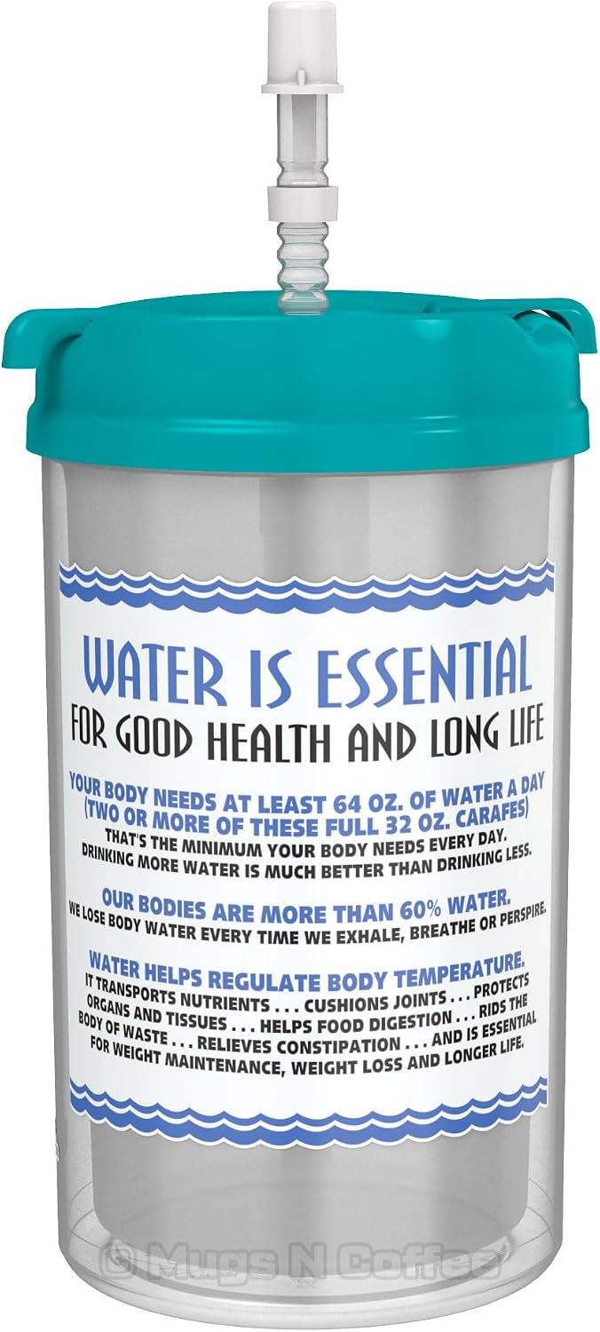 32 oz Travel Mug – Teal Water is Essential Hospital Mug – Double Wall Insulated, Large Handle – BPA-Free, Leak-Resistant – Includes Lid and Straw – Made in USA