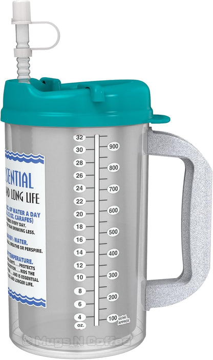 32 oz Travel Mug – Teal Water is Essential Hospital Mug – Double Wall Insulated, Large Handle – BPA-Free, Leak-Resistant – Includes Lid and Straw – Made in USA