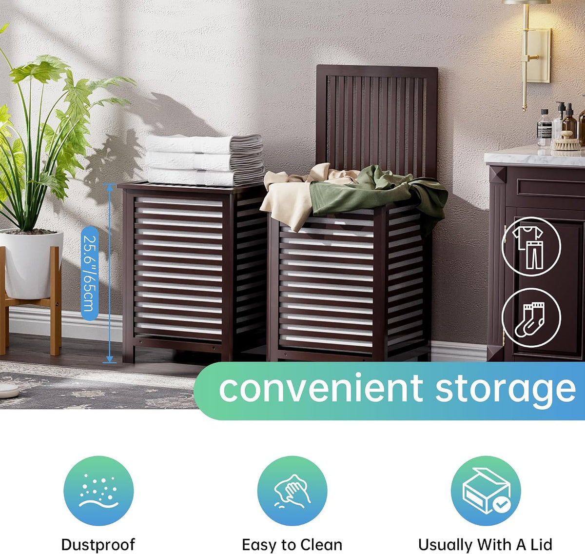Double Laundry Hamper with Lid, 120L Bamboo Laundry Basket with Removable Liner Bag, 2-Section Clothes Divider Laundry Sorter for Laundry Room, Bathroom, Bedroom (Pink)