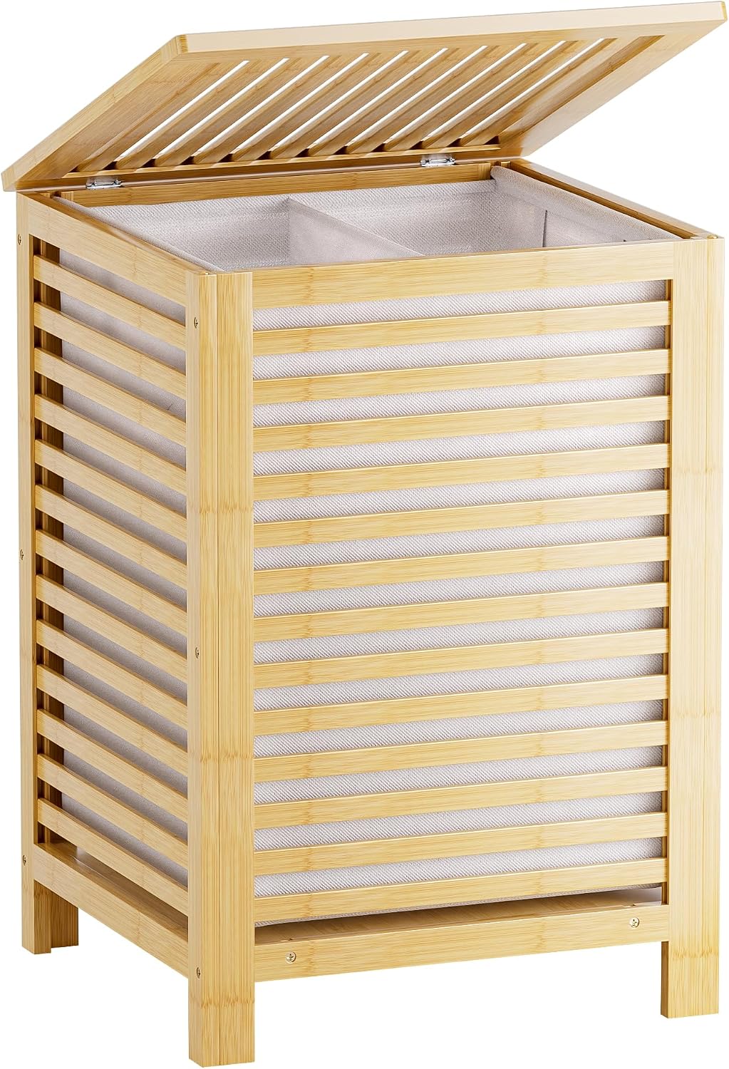 Double Laundry Hamper with Lid, 120L Bamboo Laundry Basket with Removable Liner Bag, 2-Section Clothes Divider Laundry Sorter for Laundry Room, Bathroom, Bedroom (Pink)