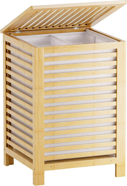 Double Laundry Hamper with Lid, 120L Bamboo Laundry Basket with Removable Liner Bag, 2-Section Clothes Divider Laundry Sorter for Laundry Room, Bathroom, Bedroom (Pink)