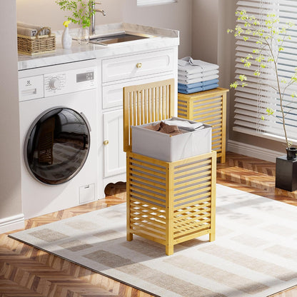 Double Laundry Hamper with Lid, 120L Bamboo Laundry Basket with Removable Liner Bag, 2-Section Clothes Divider Laundry Sorter for Laundry Room, Bathroom, Bedroom (Pink)