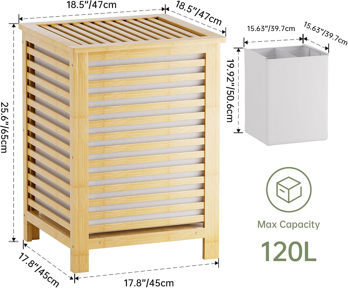 Double Laundry Hamper with Lid, 120L Bamboo Laundry Basket with Removable Liner Bag, 2-Section Clothes Divider Laundry Sorter for Laundry Room, Bathroom, Bedroom (Pink)