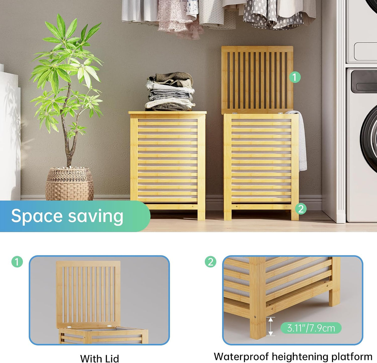 Double Laundry Hamper with Lid, 120L Bamboo Laundry Basket with Removable Liner Bag, 2-Section Clothes Divider Laundry Sorter for Laundry Room, Bathroom, Bedroom (Pink)