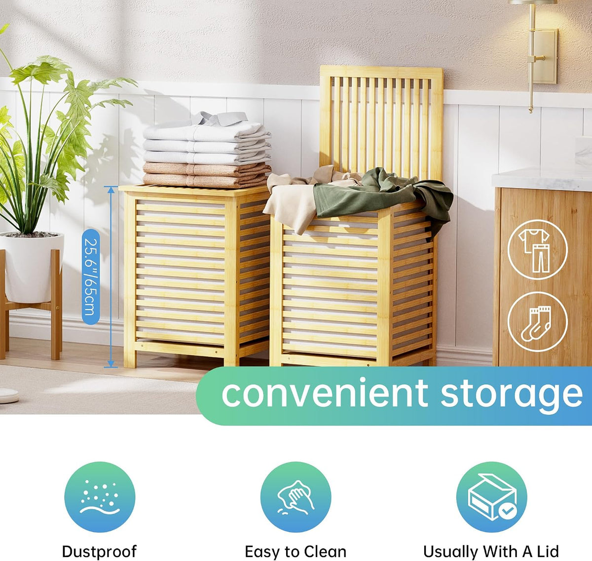Double Laundry Hamper with Lid, 120L Bamboo Laundry Basket with Removable Liner Bag, 2-Section Clothes Divider Laundry Sorter for Laundry Room, Bathroom, Bedroom (Pink)
