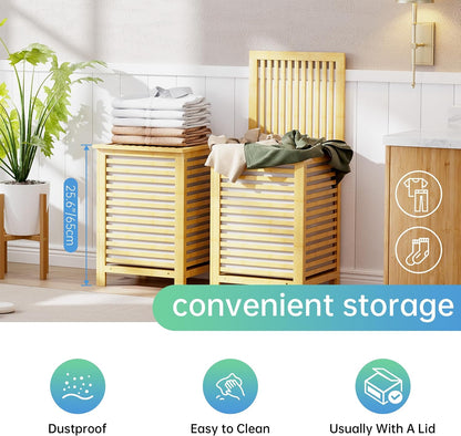 Double Laundry Hamper with Lid, 120L Bamboo Laundry Basket with Removable Liner Bag, 2-Section Clothes Divider Laundry Sorter for Laundry Room, Bathroom, Bedroom (Pink)