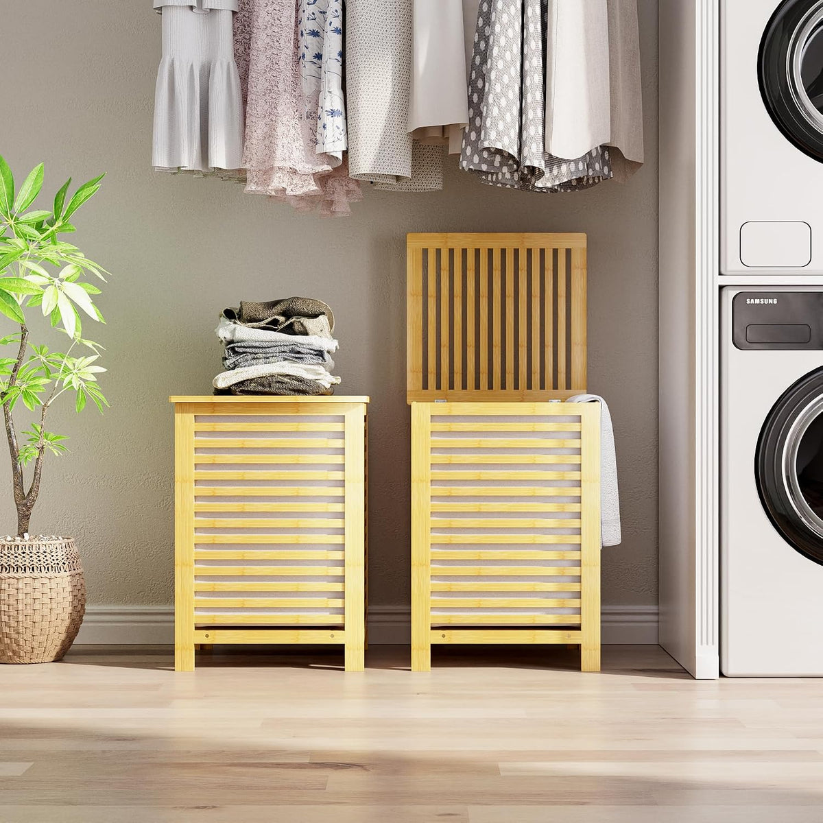 Double Laundry Hamper with Lid, 120L Bamboo Laundry Basket with Removable Liner Bag, 2-Section Clothes Divider Laundry Sorter for Laundry Room, Bathroom, Bedroom (Pink)