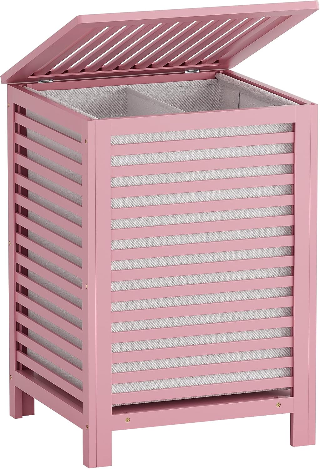 Double Laundry Hamper with Lid, 120L Bamboo Laundry Basket with Removable Liner Bag, 2-Section Clothes Divider Laundry Sorter for Laundry Room, Bathroom, Bedroom (Pink)