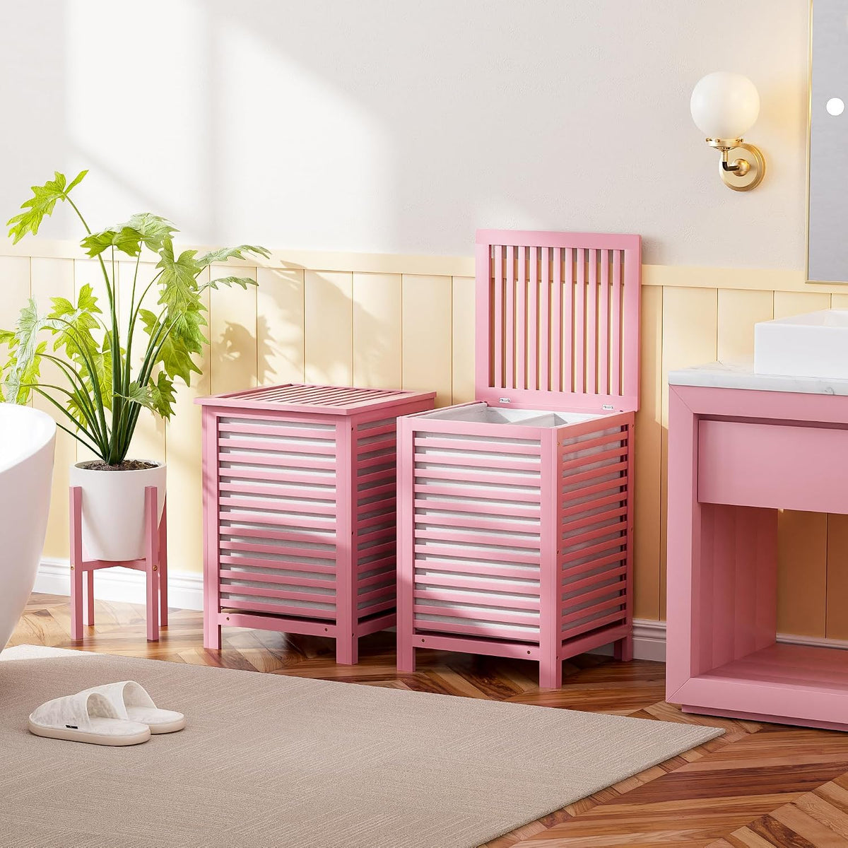 Double Laundry Hamper with Lid, 120L Bamboo Laundry Basket with Removable Liner Bag, 2-Section Clothes Divider Laundry Sorter for Laundry Room, Bathroom, Bedroom (Pink)