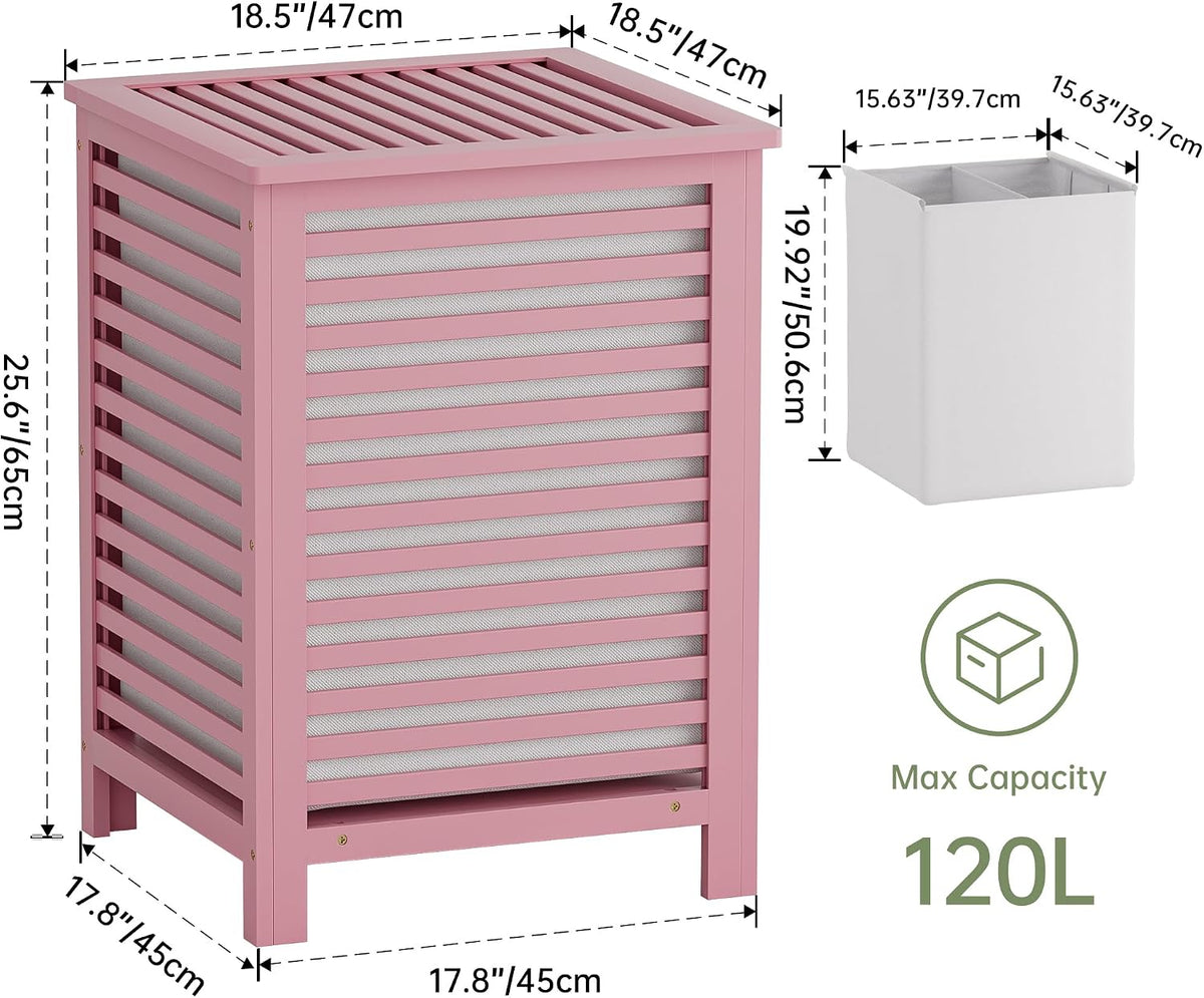 Double Laundry Hamper with Lid, 120L Bamboo Laundry Basket with Removable Liner Bag, 2-Section Clothes Divider Laundry Sorter for Laundry Room, Bathroom, Bedroom (Pink)