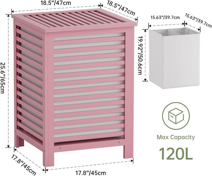 Double Laundry Hamper with Lid, 120L Bamboo Laundry Basket with Removable Liner Bag, 2-Section Clothes Divider Laundry Sorter for Laundry Room, Bathroom, Bedroom (Pink)