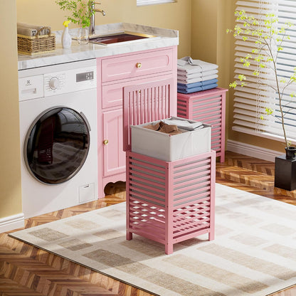 Double Laundry Hamper with Lid, 120L Bamboo Laundry Basket with Removable Liner Bag, 2-Section Clothes Divider Laundry Sorter for Laundry Room, Bathroom, Bedroom (Pink)